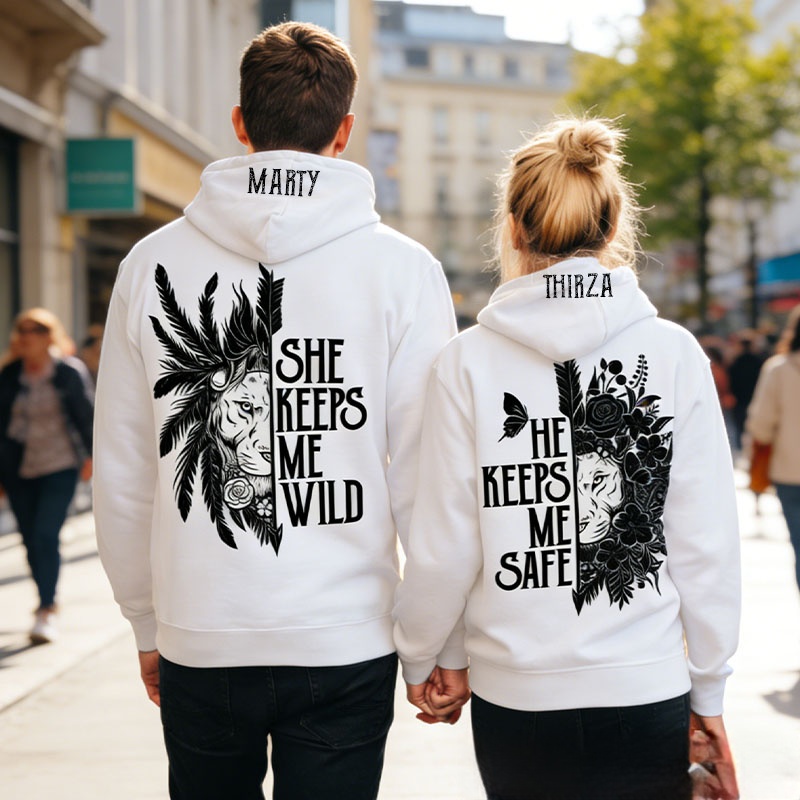 Personalized Couple She Keeps Me Wild and He Keeps Me Safe Matching Hoodie Custom Couple Sweatshirt with Name Anniversary Gift Valentine's Day Gift