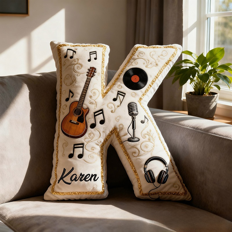 Personalized Graphic 3D Print Vinyl Records and Guitars Pillow With Your Own Name Soft Stuffed Toy for Kids Music Lovers Unique Decorative Cushion for Room