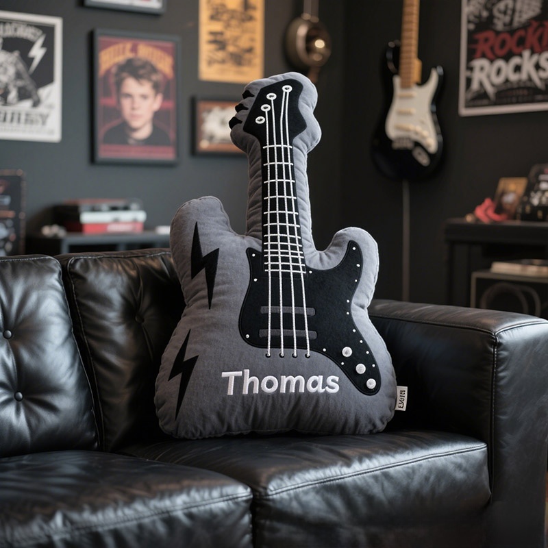 Personalized Graphic 3D Print Electric Guitar Pillow With Your Own Name Soft Stuffed Toy for Rock Music Lovers Unique Decorative Cushion for Boys' Room and Music Room