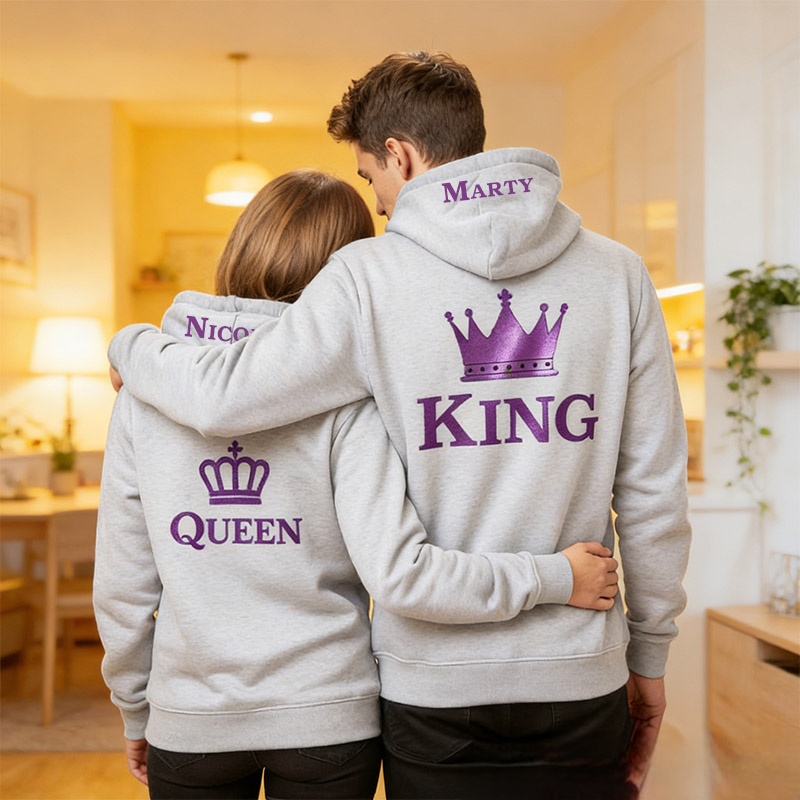 Personalized Couple Purple King and Queen with Crown Matching Hoodie Custom Couple Sweatshirt with Name Anniversary Gift Valentine's Day Gift
