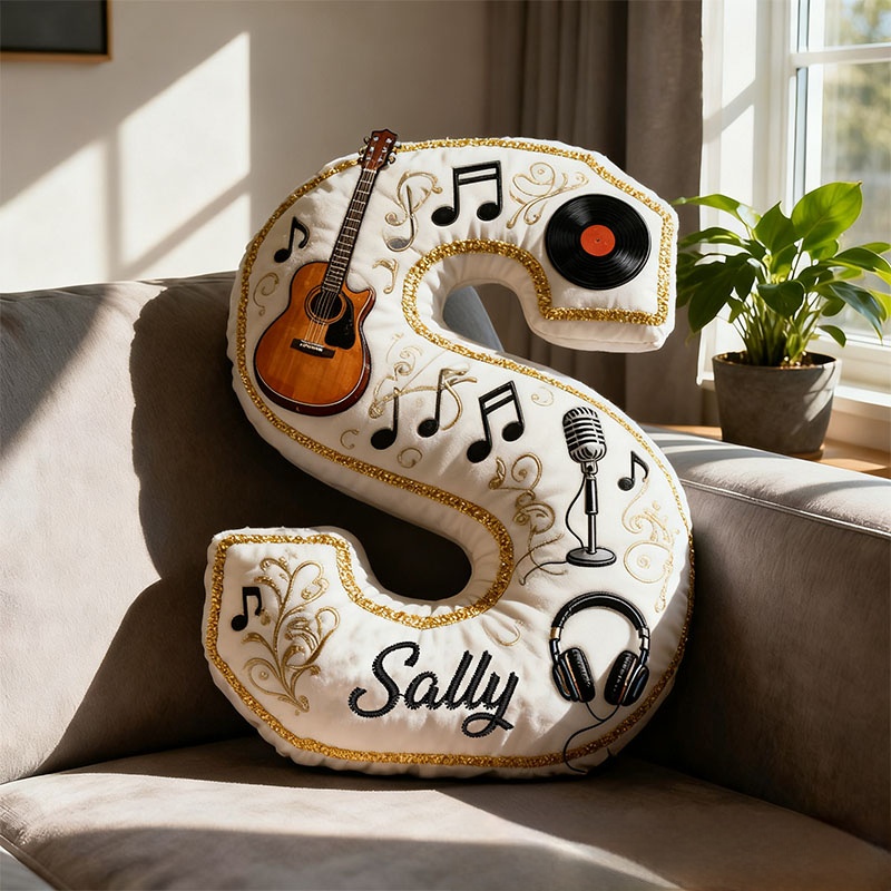 Personalized Graphic 3D Print Vinyl Records and Guitars Pillow With Your Own Name Soft Stuffed Toy for Kids Music Lovers Unique Decorative Cushion for Room
