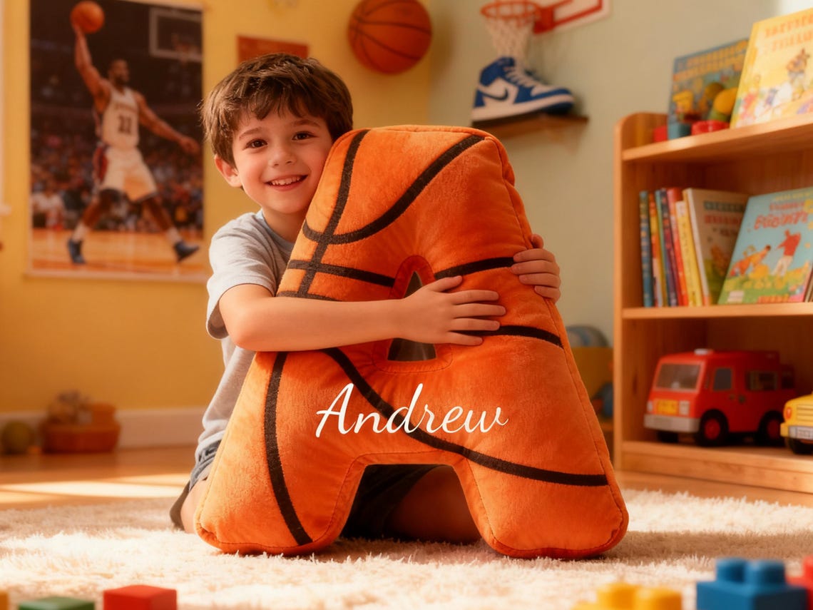 Personalized Kids Initial Basketball Pillow with Custom Name For Basketball Lover