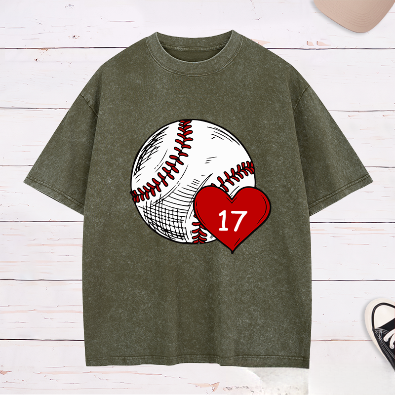 Personalized Baseball Fan Washed T-Shirts with Heart and Number Graphic for a Loving Touch
