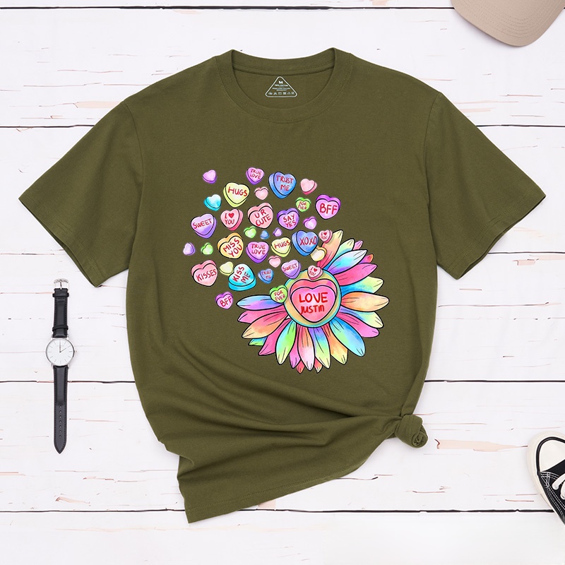 Personalized Couple Colorful Flower and Candy Matching T-Shirt Valentine's Day T-Shirt for Husband Wife Boyfriend Girlfriend Gift for Hubby Wifey