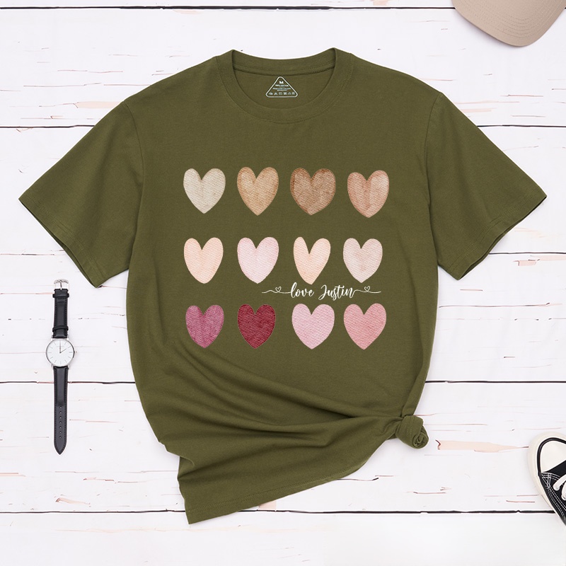 Personalized Couple Watercolor Heart Matching T-Shirt with Name Valentine's Day T-Shirt for Husband Wife Boyfriend Girlfriend Gift for Hubby Wifey