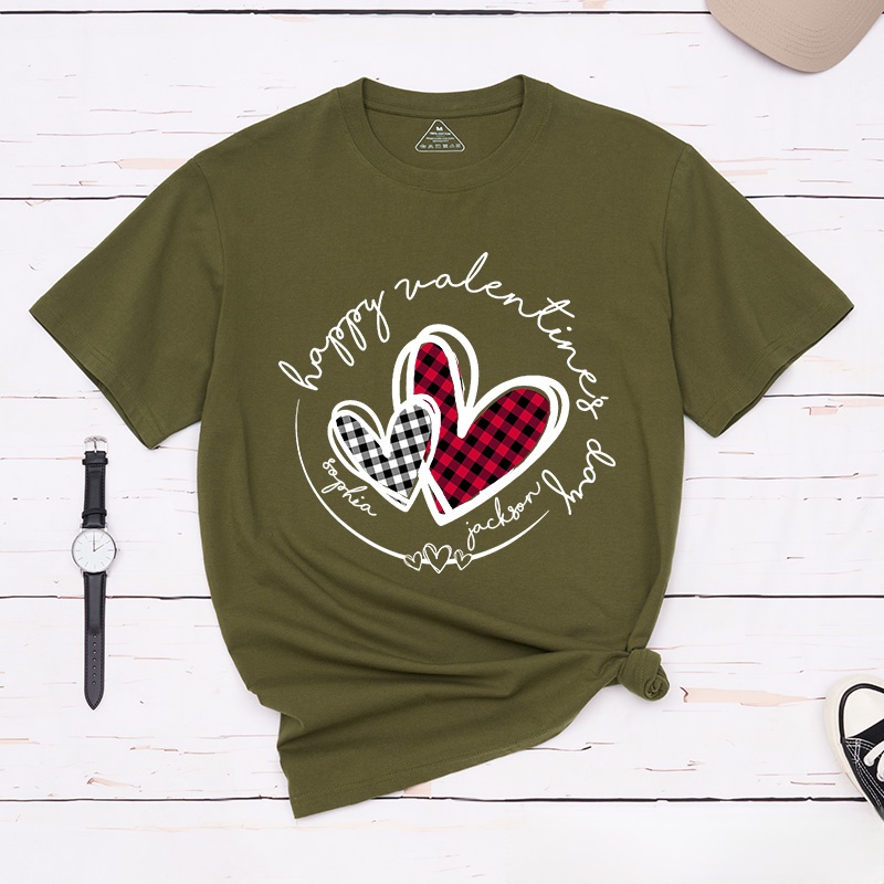 Personalized Couple Plaid Heart with Name Matching T-Shirt Happy Valentine's Day T-Shirt for Husband Wife Boyfriend Girlfriend Gift for Hubby Wifey