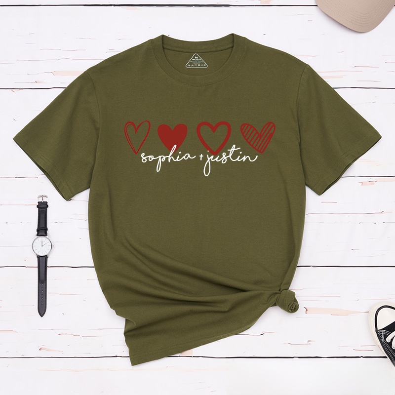 Personalized Couple Romantic 4 Hearts Matching T-Shirt with Name Valentine's Day T-Shirt for Husband Wife Boyfriend Girlfriend Gift for Hubby Wifey