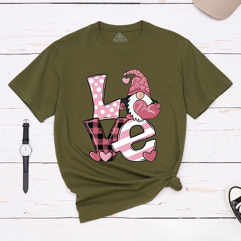 Personalized Couple Pink Love Gnome Holding Heart Matching T-Shirt Valentine's Day T-Shirt for Husband Wife Boyfriend Girlfriend Gift for Hubby Wifey