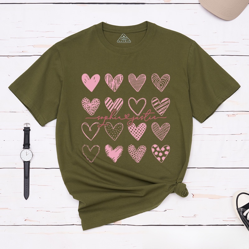 Personalized Couple Sweet Pink Hearts Matching T-Shirt with Name Valentine's Day T-Shirt for Husband Wife Boyfriend Girlfriend Gift for Hubby Wifey