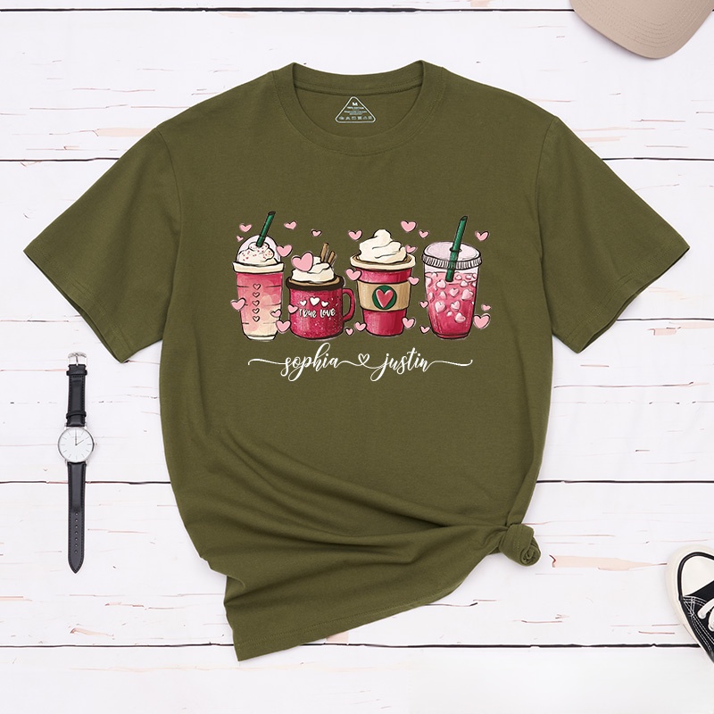 Personalized Couple Coffee Cup and Heart Matching T-Shirt with Name Valentine's Day T-Shirt for Husband Wife Boyfriend Girlfriend Gift for Hubby Wifey