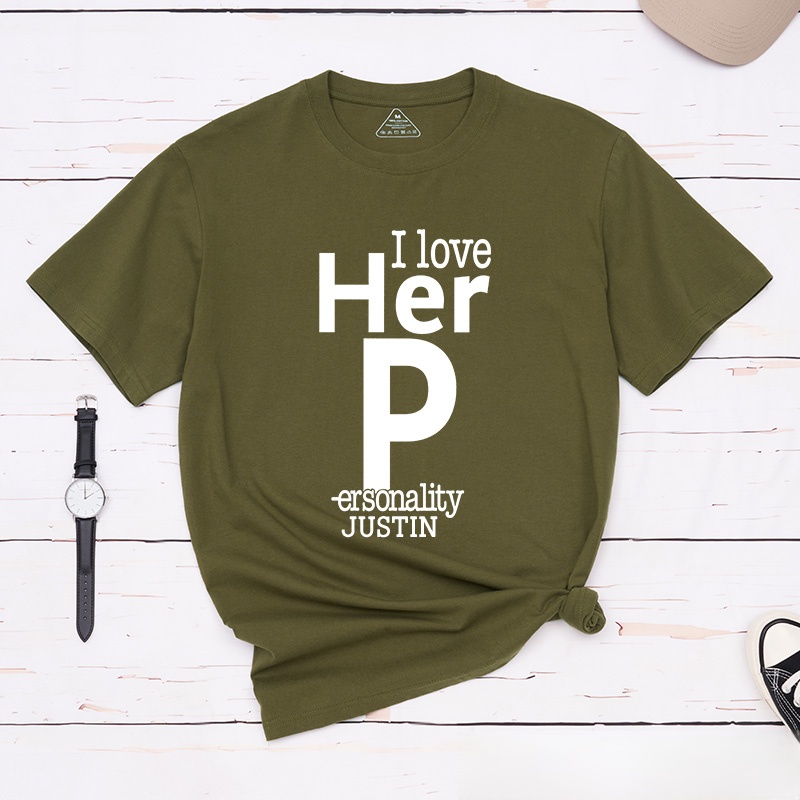 Personalized Couple Minimalist I Love Her Personality Matching T-Shirt with Name Valentine's Day T-Shirt for Husband Wife Boyfriend Girlfriend Gift