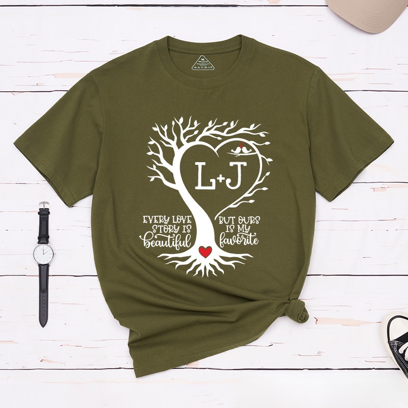 Personalized Couple Heart-Shaped Tree Matching T-Shirt with Initials Valentine's Day Classic T-Shirt for Husband Wife Boyfriend Girlfriend Gift