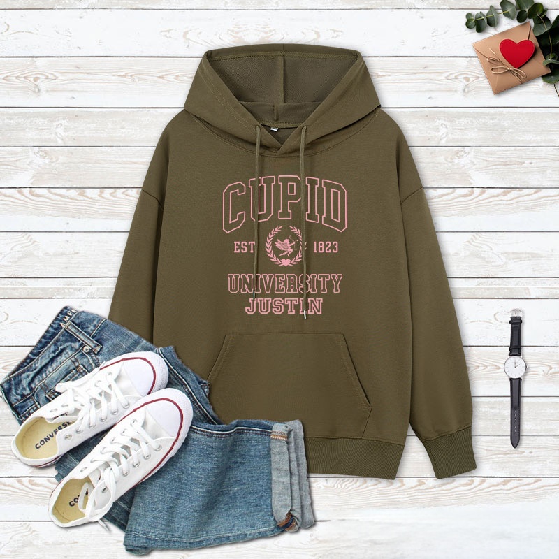 Personalized Couple Cupid University Valentine's Day Hoodie with Name Couple Sweatshirt for Boyfriend Girlfriend Hubby Wifey Husband Wife