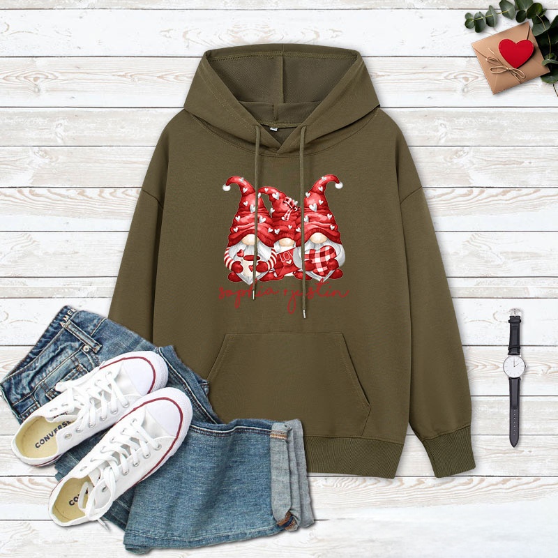 Personalized Couple Three Heart Gnome Valentine's Day Hoodie with Name Couple Sweatshirt for Boyfriend Girlfriend Husband Wife Hubby Wifey