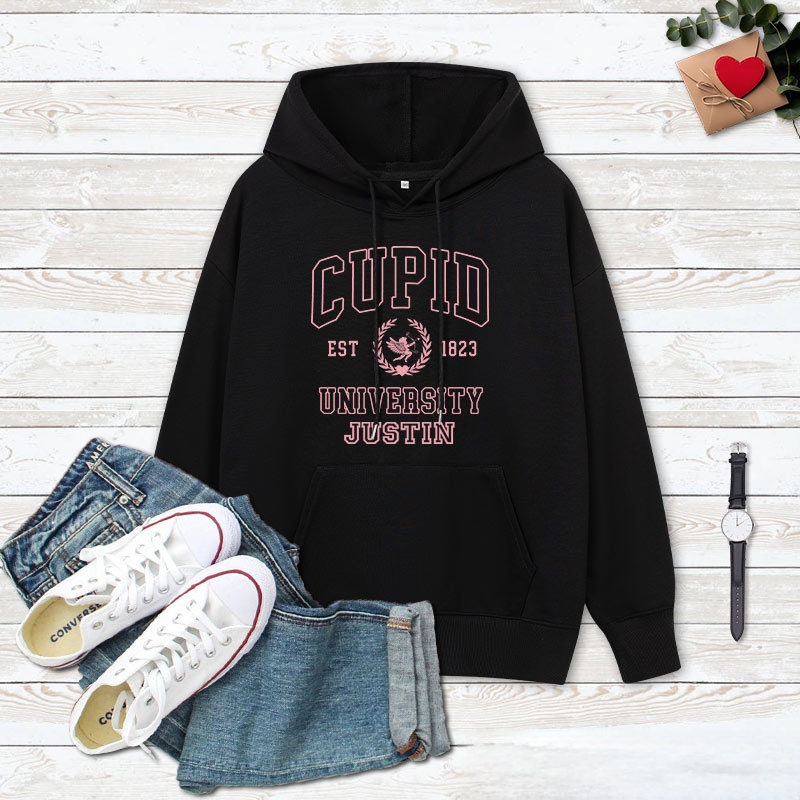 Personalized Couple Cupid University Valentine's Day Hoodie with Name Couple Sweatshirt for Boyfriend Girlfriend Hubby Wifey Husband Wife