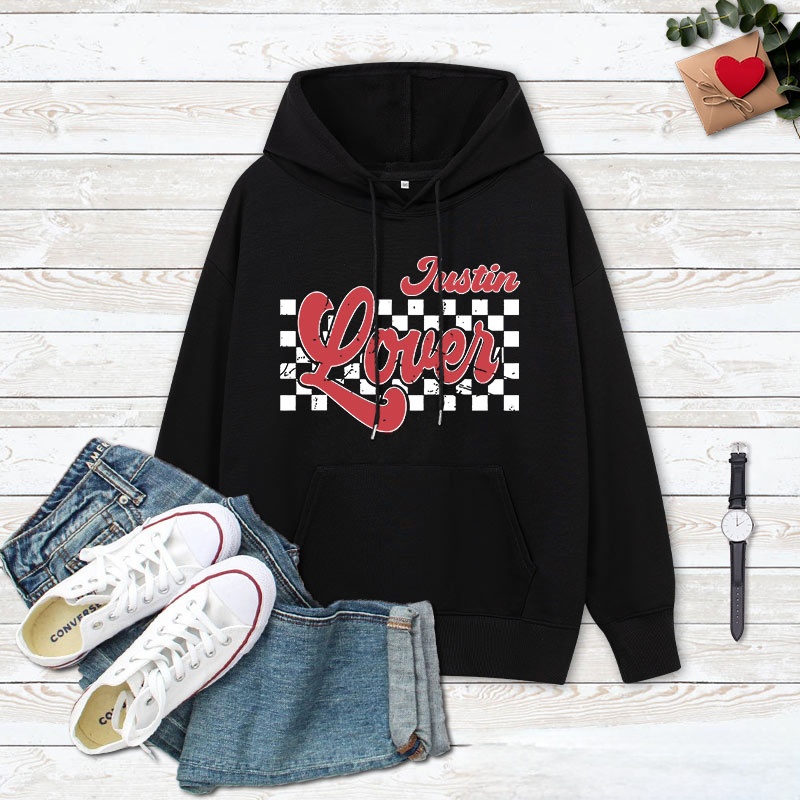 Personalized Couple Retro Checkerboard Lover Valentine's Day Hoodie with Name Couple Sweatshirt for Boyfriend Girlfriend Hubby Wifey Husband Wife