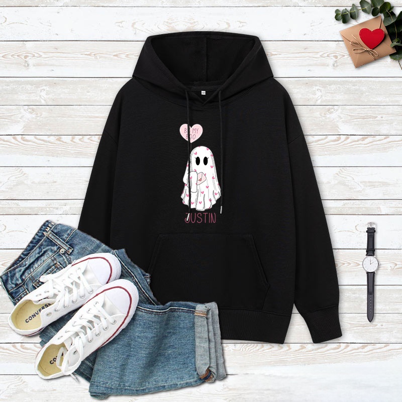 Personalized Couple Ghost Holding Balloon with Be My Boo Valentine's Day Hoodie Couple Sweatshirt for Boyfriend Girlfriend Husband Wife