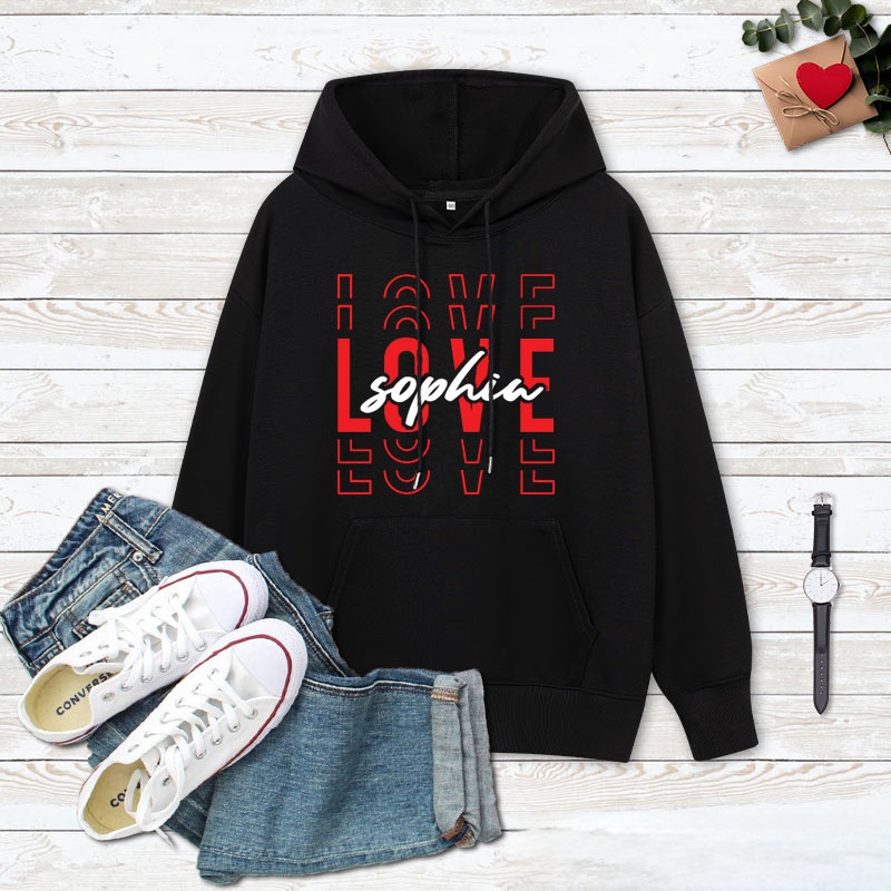 Personalized Couple Love Her and Love His Valentine's Day Hoodie with Name Couple Sweatshirt for Boyfriend Girlfriend Husband Wife Hubby Wifey