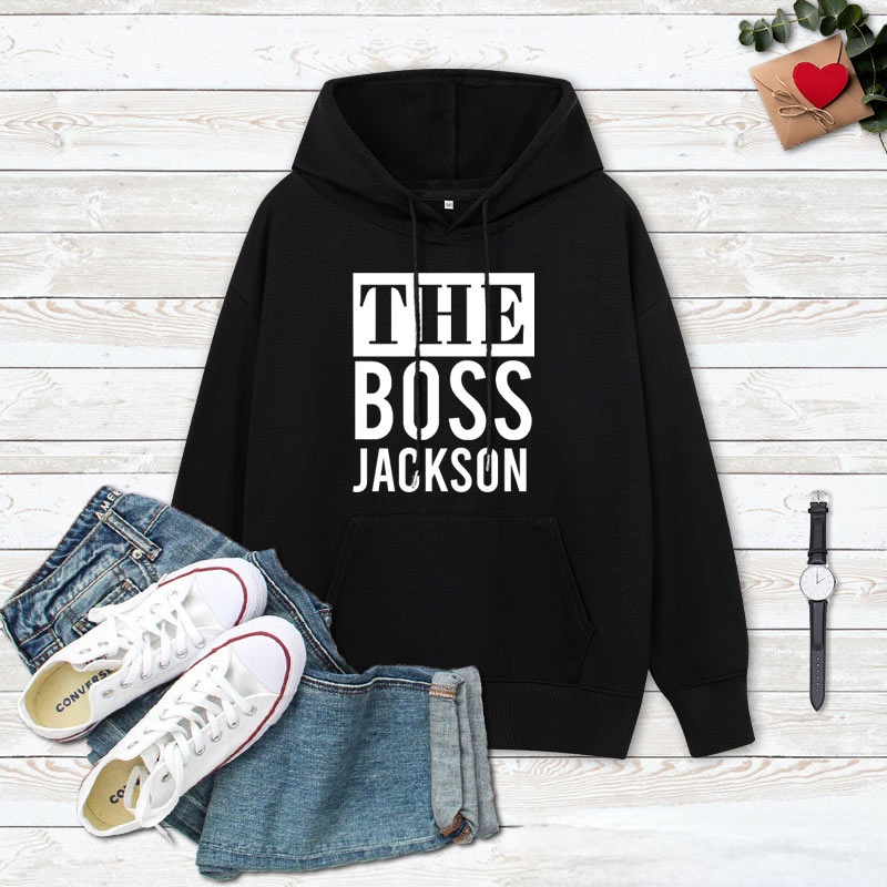 Personalized Couple Minimalist The Boss and The Real Boss Hoodie with Name Couple Valentine's Day Sweatshirt for Boyfriend Girlfriend Husband Wife