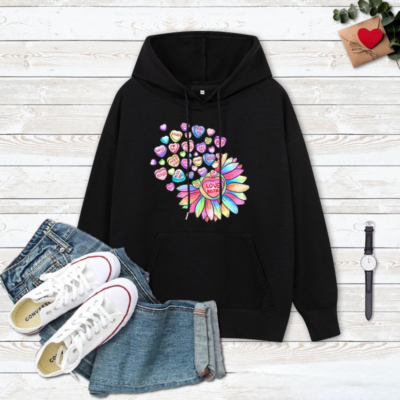 Personalized Couple Colorful Flower with Heart Hoodie Couple Valentine's Day Sweatshirt for Boyfriend Girlfriend Husband Wife