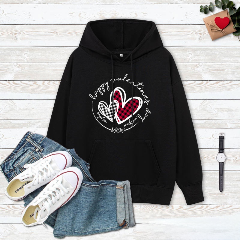 Personalized Couple Plaid Heart Happy Valentine's Day Hoodie with Name Couple Sweatshirt for Boyfriend Girlfriend Husband Wife