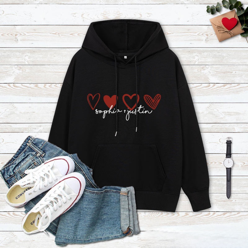 Personalized Couple 4 Red Hearts Valentine's Day Hoodie with Name Couple Sweatshirt for Boyfriend Girlfriend Husband Wife