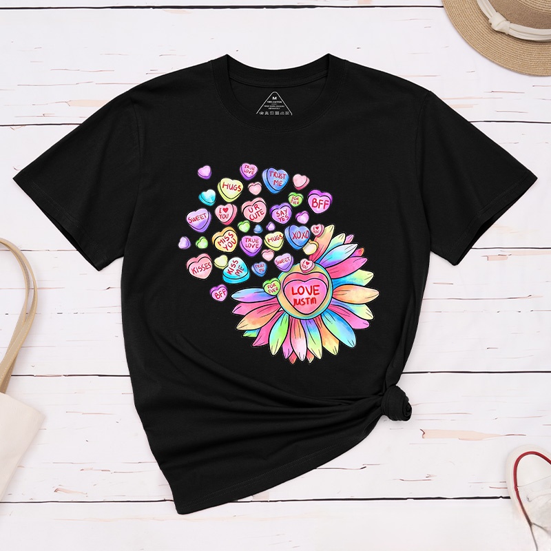Personalized Couple Colorful Flower and Candy Matching T-Shirt Valentine's Day T-Shirt for Husband Wife Boyfriend Girlfriend Gift for Hubby Wifey