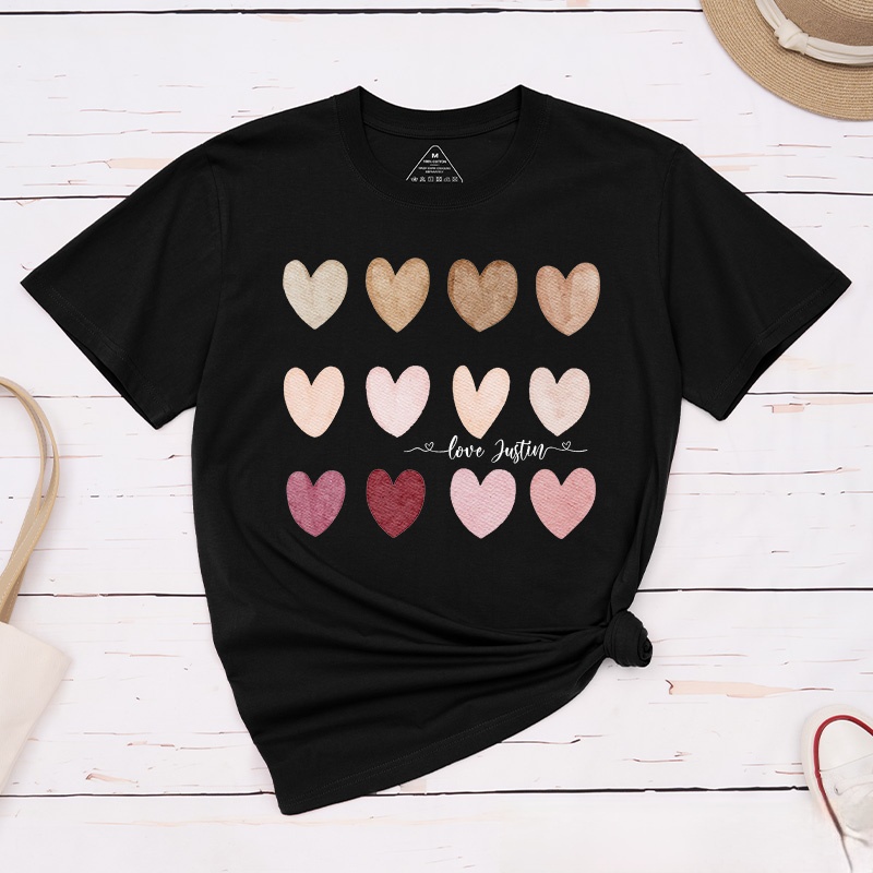 Personalized Couple Watercolor Heart Matching T-Shirt with Name Valentine's Day T-Shirt for Husband Wife Boyfriend Girlfriend Gift for Hubby Wifey