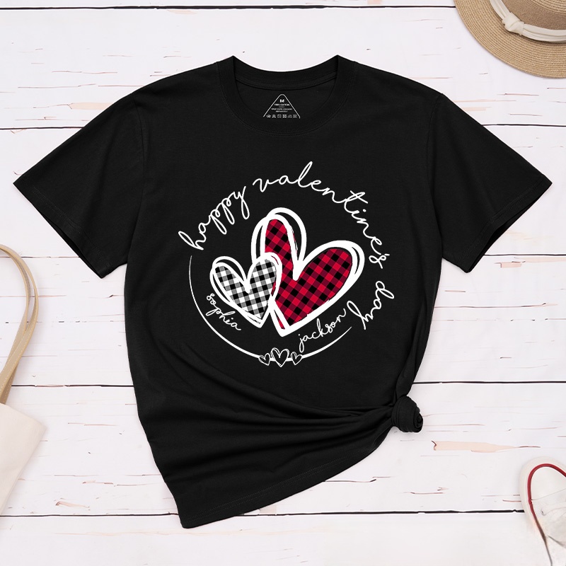 Personalized Couple Plaid Heart with Name Matching T-Shirt Happy Valentine's Day T-Shirt for Husband Wife Boyfriend Girlfriend Gift for Hubby Wifey