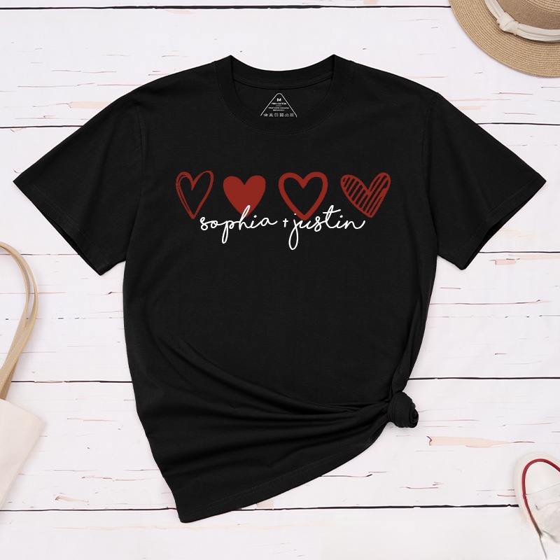 Personalized Couple Romantic 4 Hearts Matching T-Shirt with Name Valentine's Day T-Shirt for Husband Wife Boyfriend Girlfriend Gift for Hubby Wifey