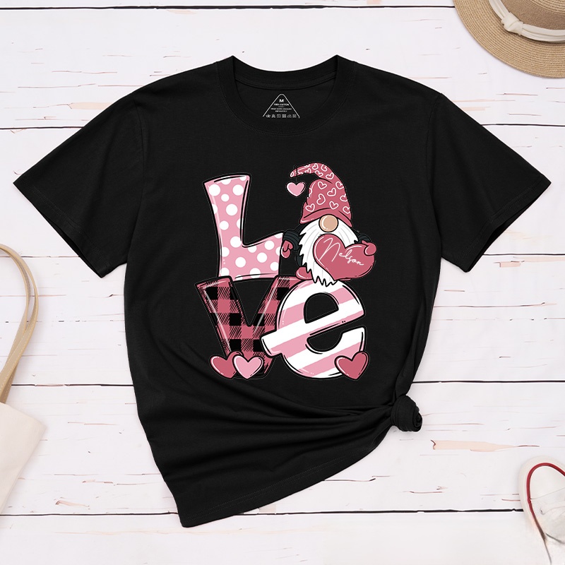 Personalized Couple Pink Love Gnome Holding Heart Matching T-Shirt Valentine's Day T-Shirt for Husband Wife Boyfriend Girlfriend Gift for Hubby Wifey