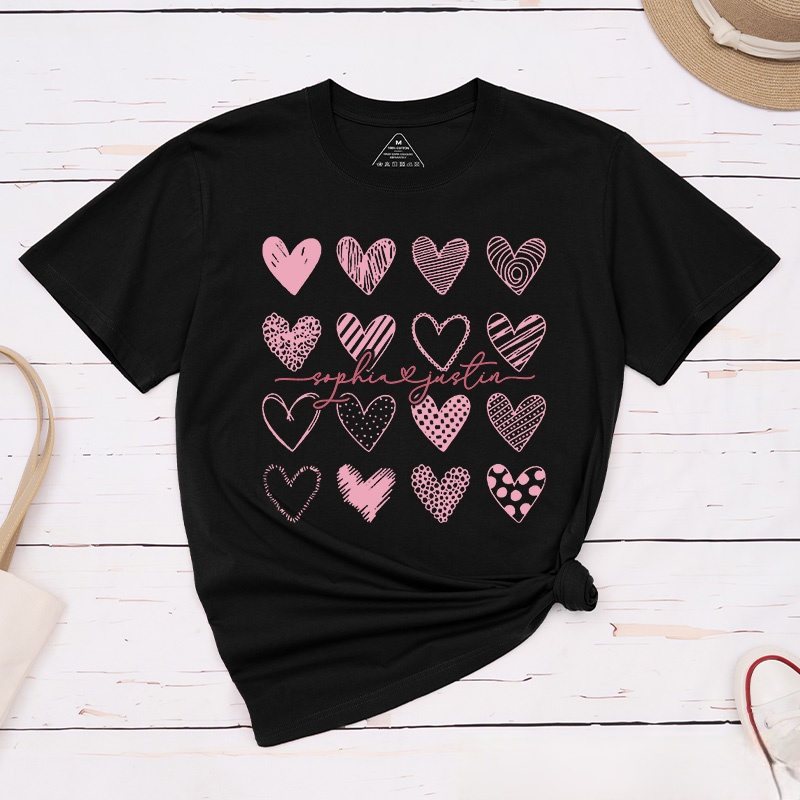 Personalized Couple Sweet Pink Hearts Matching T-Shirt with Name Valentine's Day T-Shirt for Husband Wife Boyfriend Girlfriend Gift for Hubby Wifey
