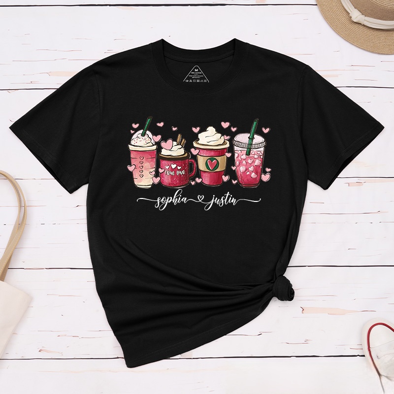 Personalized Couple Coffee Cup and Heart Matching T-Shirt with Name Valentine's Day T-Shirt for Husband Wife Boyfriend Girlfriend Gift for Hubby Wifey