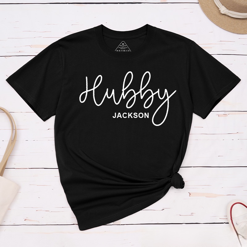 Personalized Couple Handwritten Hubby and Wifey Matching T-Shirt Valentine's Day Classic T-Shirt for Husband Wife Mr. and Mrs. Unisex Gift