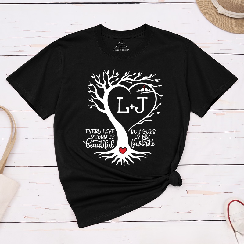 Personalized Couple Heart-Shaped Tree Matching T-Shirt with Initials Valentine's Day Classic T-Shirt for Husband Wife Boyfriend Girlfriend Gift