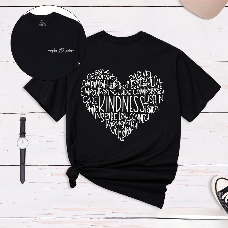 Personalized Couple Kindness and Love Matching T-Shirt Valentine's Day Heart-Shaped Word T-Shirt for Husband Wife Boyfriend Girlfriend Gift