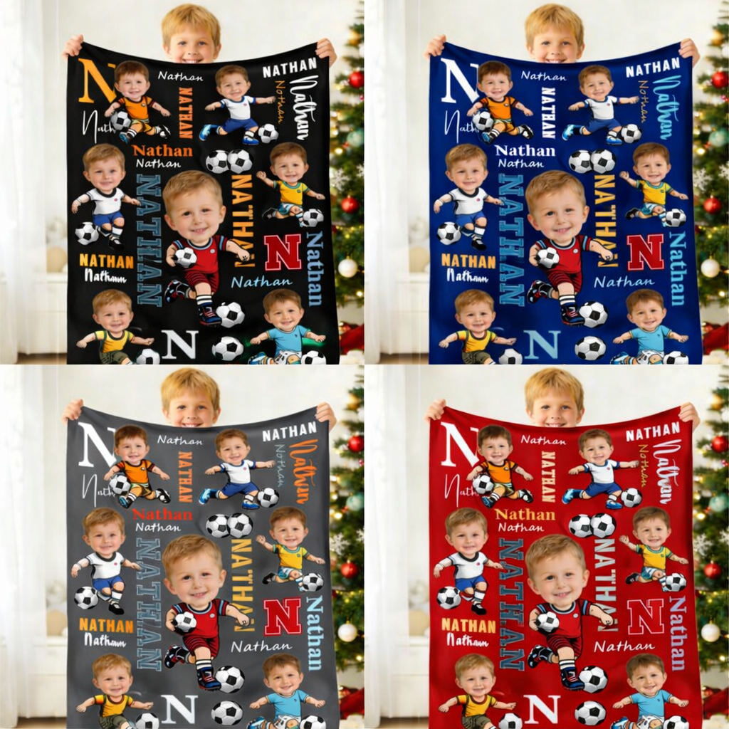 Personalized Soccer Cartoon Character Face Photo Soft Throw Blanket with Name Home Decor Birthday Game Day Gift for Soccer Lovers