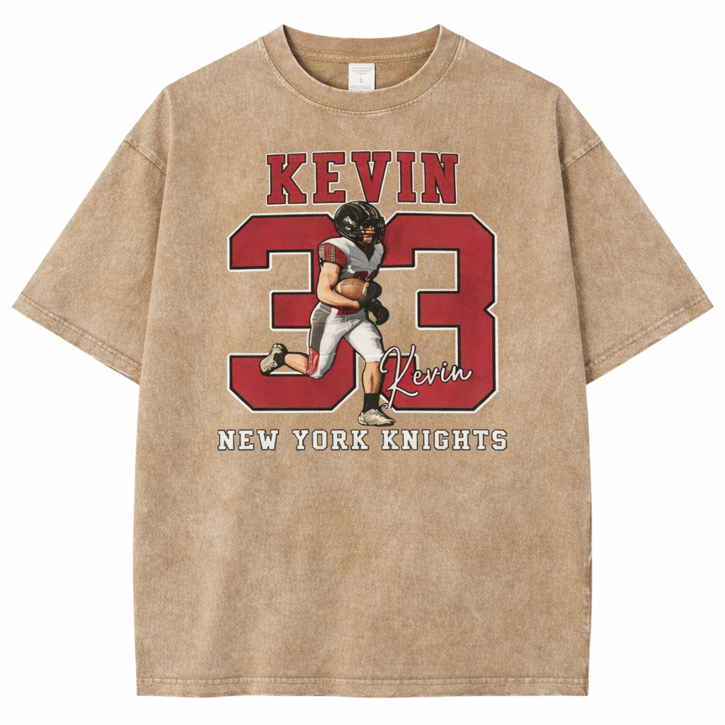 Personalized Football Pattern Unisex Fit Washed T-Shirt with Name and Number