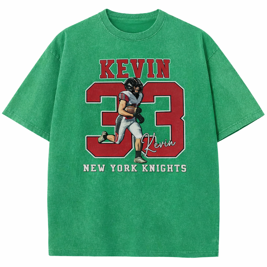 Personalized Football Pattern Unisex Fit Washed T-Shirt with Name and Number