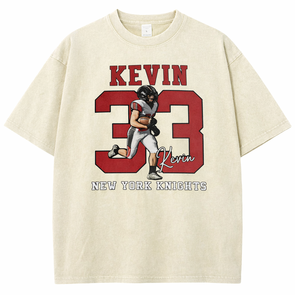 Personalized Football Pattern Unisex Fit Washed T-Shirt with Name and Number