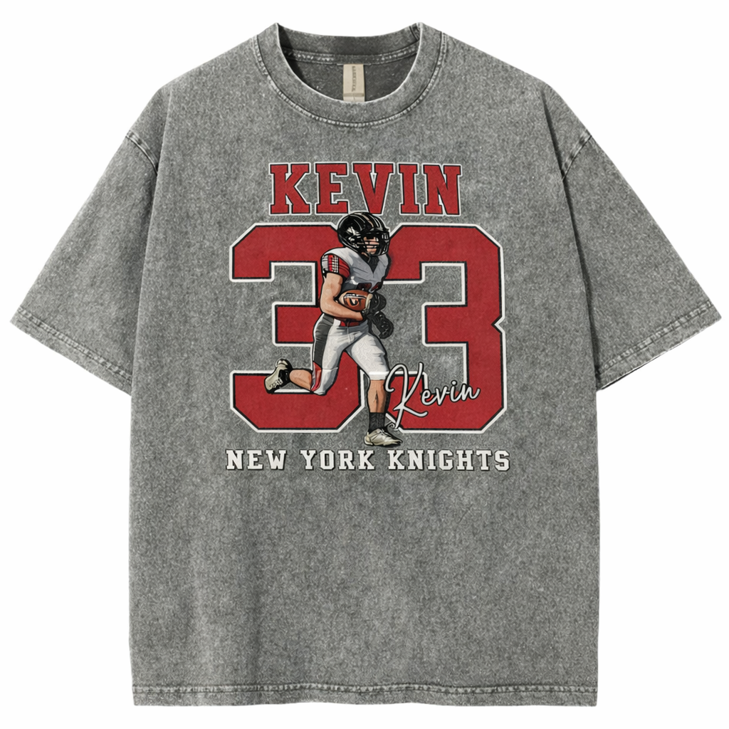 Personalized Football Pattern Unisex Fit Washed T-Shirt with Name and Number