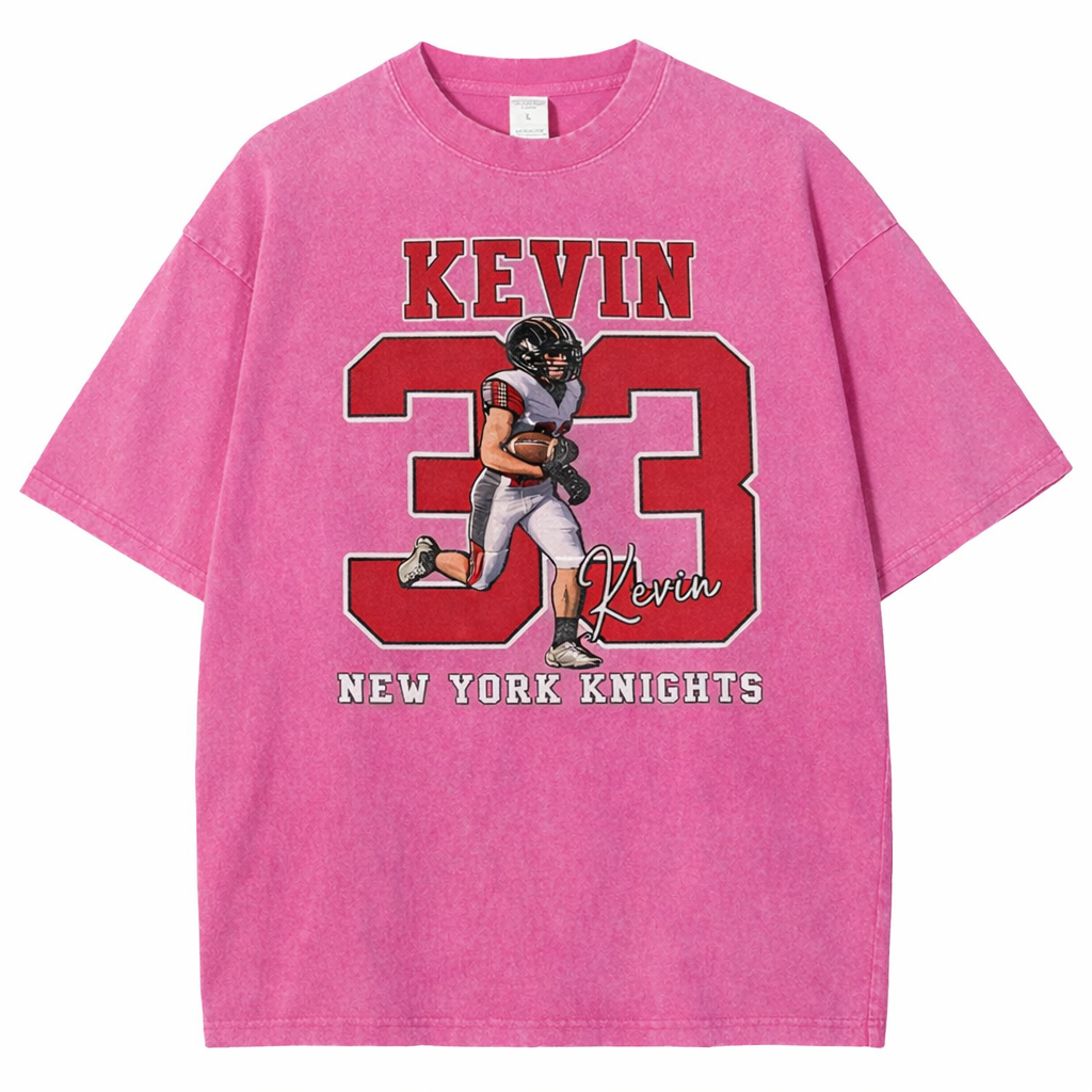 Personalized Football Pattern Unisex Fit Washed T-Shirt with Name and Number