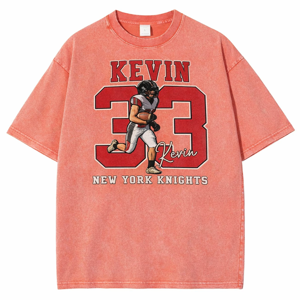 Personalized Football Pattern Unisex Fit Washed T-Shirt with Name and Number