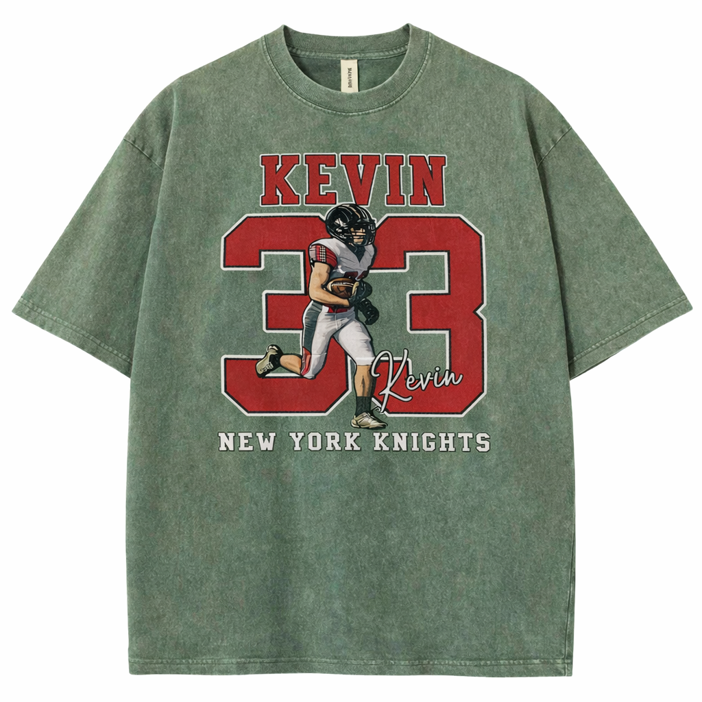 Personalized Football Pattern Unisex Fit Washed T-Shirt with Name and Number