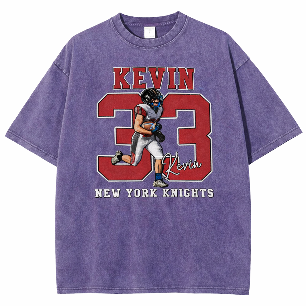 Personalized Football Pattern Unisex Fit Washed T-Shirt with Name and Number