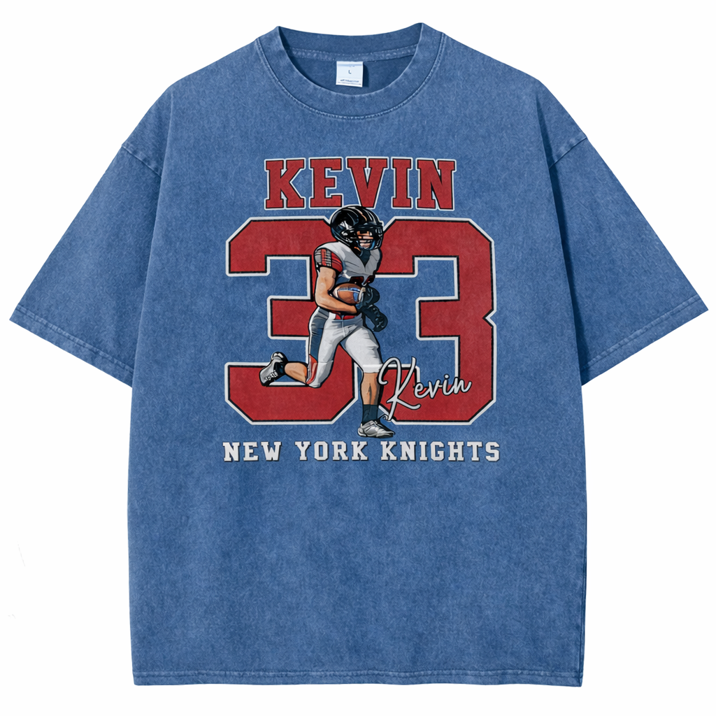 Personalized Football Pattern Unisex Fit Washed T-Shirt with Name and Number