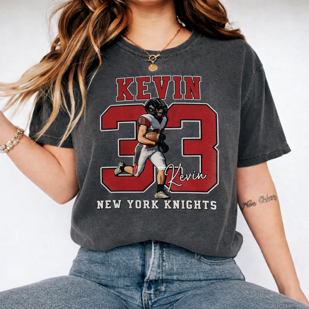 Personalized Football Pattern Unisex Fit Washed T-Shirt with Name and Number