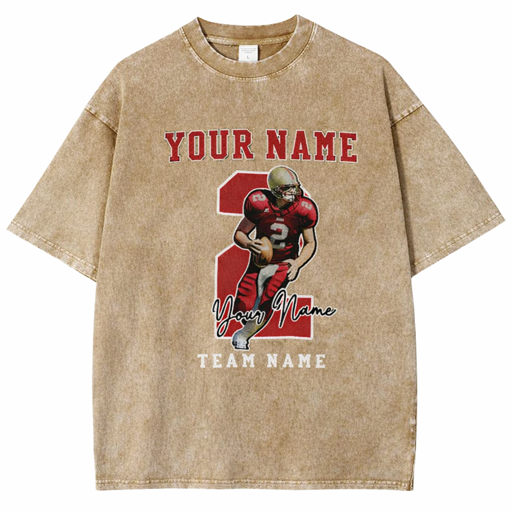 Personalized Football Pattern Unisex Fit Washed T-Shirt  – Custom Name & Number Game Day Tee