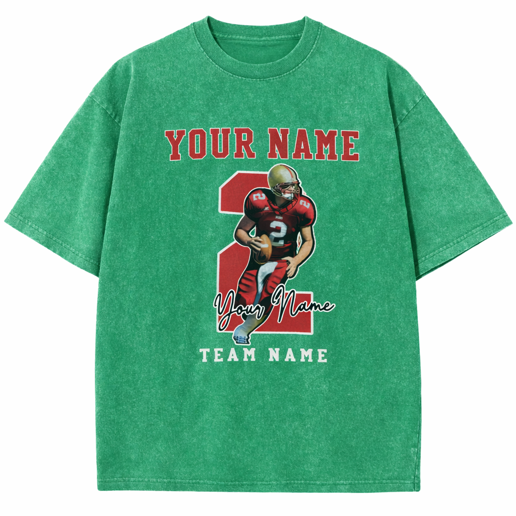 Personalized Football Pattern Unisex Fit Washed T-Shirt  – Custom Name & Number Game Day Tee