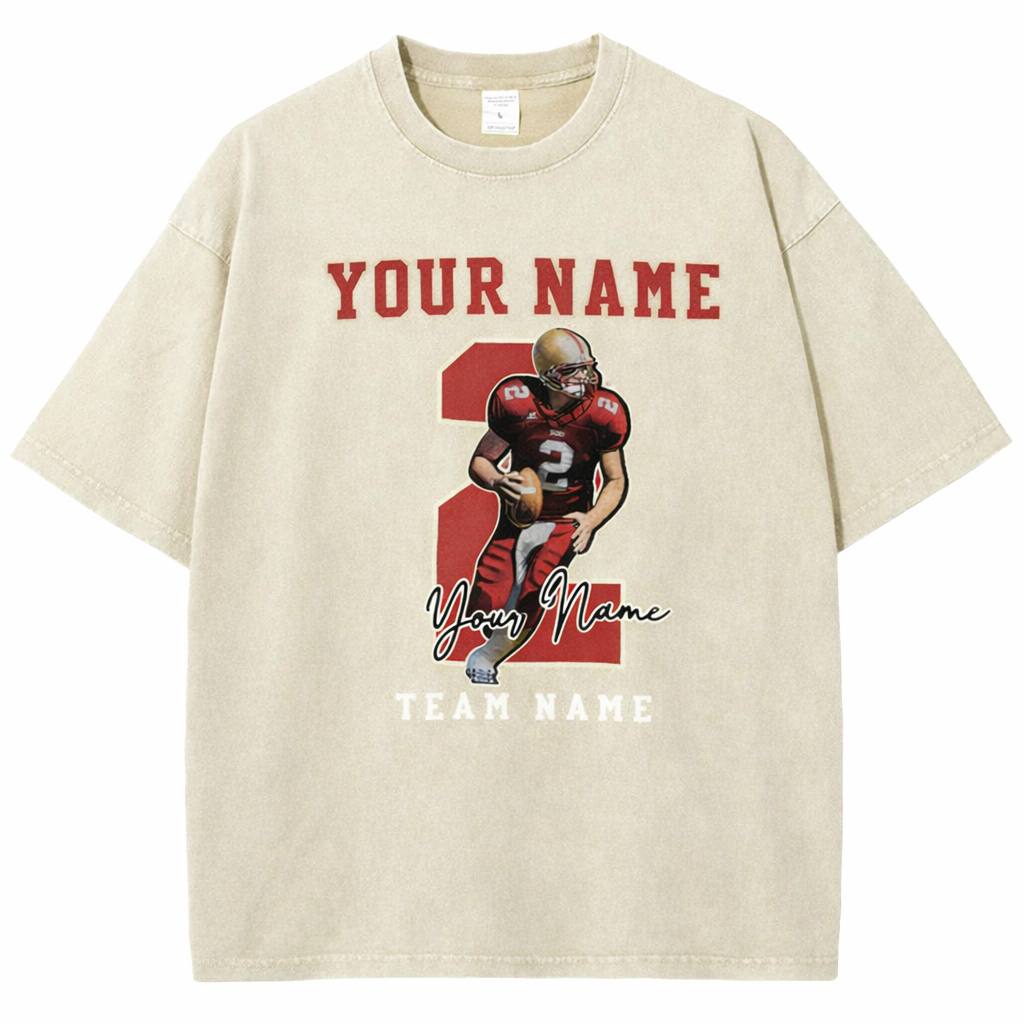 Personalized Football Pattern Unisex Fit Washed T-Shirt  – Custom Name & Number Game Day Tee